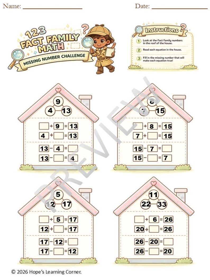 Fact Family Math Worksheets | Addition & Subtraction Fact Families ...