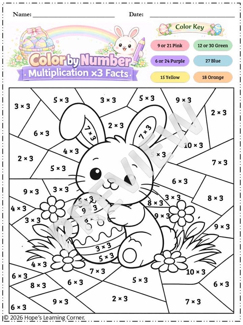 Easter Multiplication Color by Number Worksheets | Grade 2-3 Math Facts ...