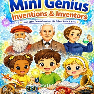 Puede incluir: Un póster educativo colorido titulado Hope's Learning Corner Mini Genius Inventions & Inventors. Presenta ilustraciones de figuras históricas y niños con objetos como una bombilla, un robot, un avión y un teléfono antiguo.