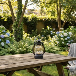 May include: A black lantern with a clear glass globe filled with small, warm white lights sits on a wooden picnic table. The lantern has a handle and a classic design, perfect for outdoor decor. The background features a lush garden.