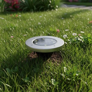 以下が含まれることがあります： 緑の草の中に設置された、銀色の金属リムと暗い中心部を持つソーラー式の景観照明。照明にはいくつかの小さなLEDライトがあり、屋外での使用を目的としています。周囲には草、小さな花、その他の緑があります。