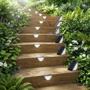 Puede incluir: Luces solares para escaleras iluminan una escalera de madera. Cada luz tiene forma triangular con un panel de LED blancos brillantes. Las luces se colocan en los escalones, con paneles solares orientados hacia el sol.