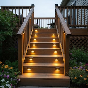 May include: Wooden outdoor staircase with integrated lighting. The steps and handrails are made of brown wood. Small, square lights are set into each step, providing illumination. The staircase leads to a deck with a railing. Flowers and greenery surround the stairs.