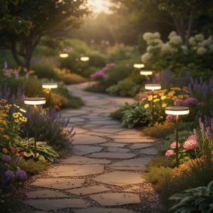 Pode incluir: Um caminho de pedra serpenteia por um jardim exuberante, iluminado por luzes solares. O jardim apresenta uma variedade de flores coloridas e vegetação, criando um espaço exterior sereno e convidativo. O brilho quente das luzes realça a beleza natural da paisagem.