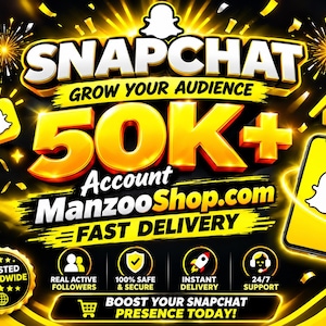 May include: A promotional graphic featuring the text SNAPCHAT GROW YOUR AUDIENCE 50K+ Account ManzooShop.com FAST DELIVERY. The design includes a yellow smartphone icon, a growth chart, and four circular icons for followers, security, delivery, and support.