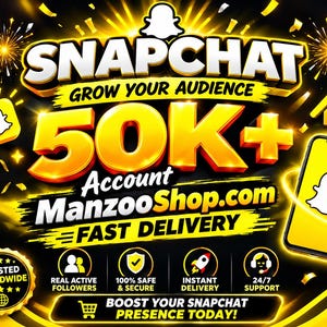 May include: A promotional graphic featuring the text SNAPCHAT GROW YOUR AUDIENCE 50K+ Account ManzooShop.com FAST DELIVERY. The design includes a yellow smartphone icon, a growth chart, and four circular icons for followers, security, delivery, and support.