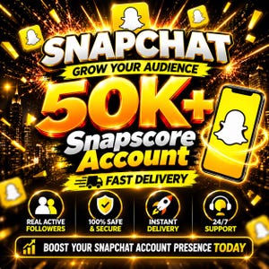Op de afbeelding: Een digitale afbeelding die een Snapchat-account met 50K+ Snapscore promoot. De tekst luidt SNAPCHAT GROW YOUR AUDIENCE 50K+ Snapscore Account FAST DELIVERY, REAL ACTIVE FOLLOWERS, 100% SAFE & SECURE, INSTANT DELIVERY, 24/7 SUPPORT, BOOST YOUR SNAPCHAT ACCOUNT PRESENCE TODAY.