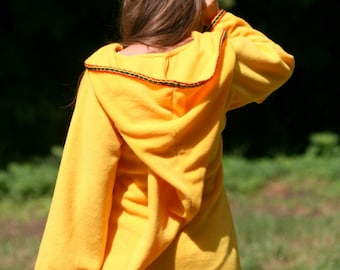 Yellow Elven tunic with rasta colours trim - Medieval tunic - hyrule - Pixie hoodie - festival tunic - pointy hood - Rasta dress