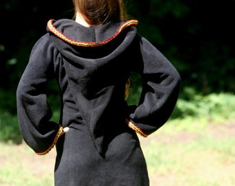 Black Elven tunic with rasta colours trim - Medieval tunic - hyrule - Pixie hoodie - festival tunic - pointy hood - Rasta dress