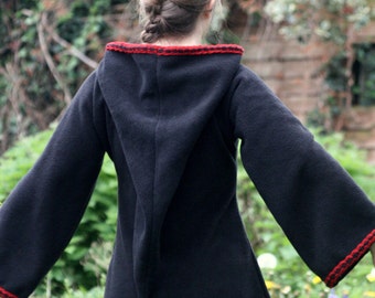 Gothic dress - Festival Elf Dress - Medieval Tunic with Pixie Pointy Hood - Game of Thrones  - Black with Red trim - PSY hoodie  elven dress