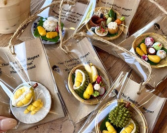 Handmålade thailändska matmagneter | Mango klibbigt ris, durian, som tum souvenir