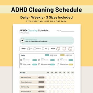 ADHD Cleaning Schedule Printable, Neurodivergent Chore Chart for Adults, Weekly Cleaning Tracker, Instant Download