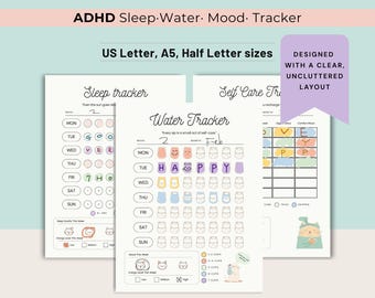 Planejador de Bem-Estar para TDAH para Imprimir | Rastreadores de Sono, Hidratação e Autocuidado | Inserções para Diário de Saúde Mental (PDF)