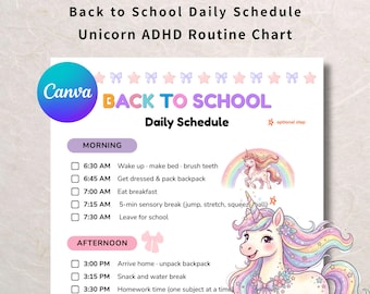 Horario diario de unicornios para niños, tabla de rutinas para TDAH, plantilla imprimible de Canva para la vuelta al cole