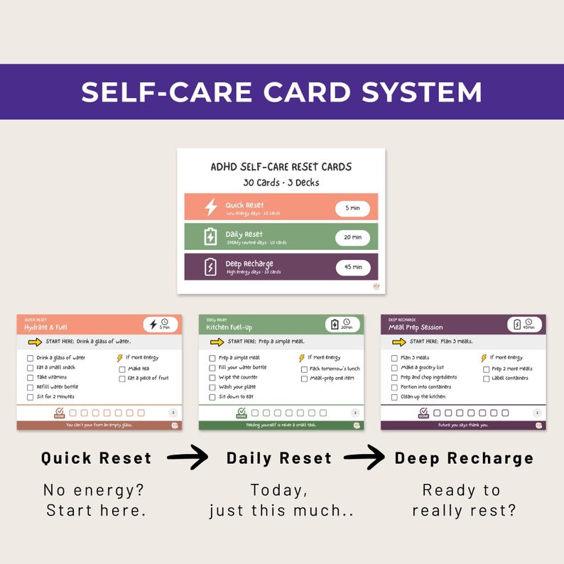 ADHD Self-Care Card Deck Quick Daily Reset Deep Recharge Flow
