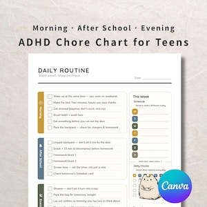 ADHD Chore Chart for Teens, Daily Routine Checklist, Visual Schedule (Canva Template)