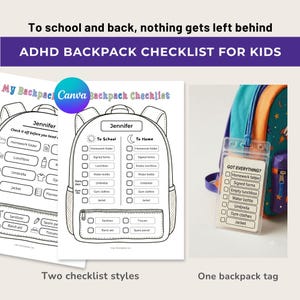 May include: A printable ADHD backpack checklist for kids featuring two distinct styles and a clear plastic backpack tag. The checklist includes sections for To School and To Home items like homework folders, lunchboxes, and jackets with checkboxes.