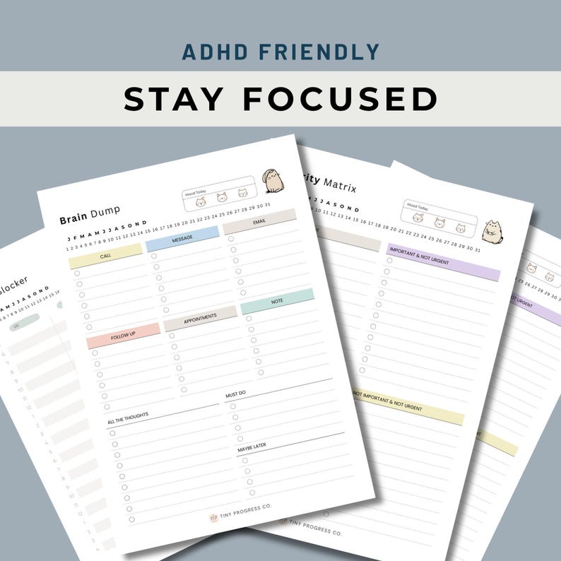 ADHD Focus Planner Printable Simple Productivity System Brain Dump Time ...