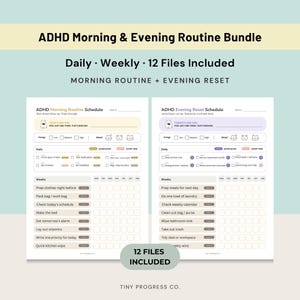 May include: ADHD Morning & Evening Routine Bundle with 12 files. Includes daily and weekly schedules for morning and evening routines. The schedules have sections for energy levels, mood, and daily tasks.