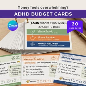 May include: A set of ADHD budget cards on a ring, featuring 30 cards across 3 decks: Money Reset, Money Routine, and Money Growth. Each card includes checklists for financial tasks, with text labels like 'Money Reset', 'Money Routine', and 'Money Growth' printed in green, orange, and blue colors respectively.