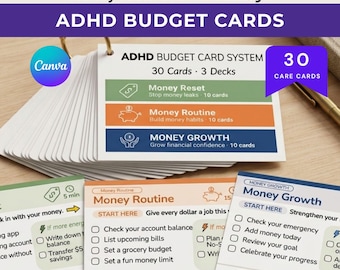 May include: A set of ADHD budget cards on a ring, featuring 30 cards across 3 decks: Money Reset, Money Routine, and Money Growth. Each card includes checklists for financial tasks, with text labels like 'Money Reset', 'Money Routine', and 'Money Growth' printed in green, orange, and blue colors respectively.