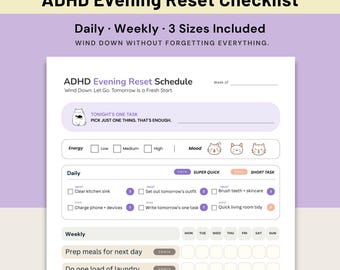 Lista de verificação para reiniciar a rotina noturna de pessoas com TDAH, rotina noturna para neurodivergentes, rastreador de hábitos, download instantâneo