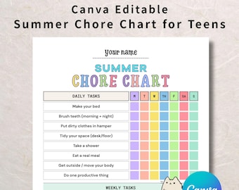 Quadro de tarefas de verão para adolescentes e pré-adolescentes, ideal para quem tem TDAH, editável no Canva (download instantâneo)