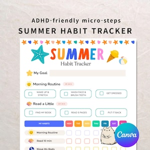 May include: A printable ADHD-friendly micro-steps summer habit tracker sheet. The document features colorful headers, a starfish, ice cream, and beach ball graphics, with sections for morning routines, reading goals, and a weekly habit grid.
