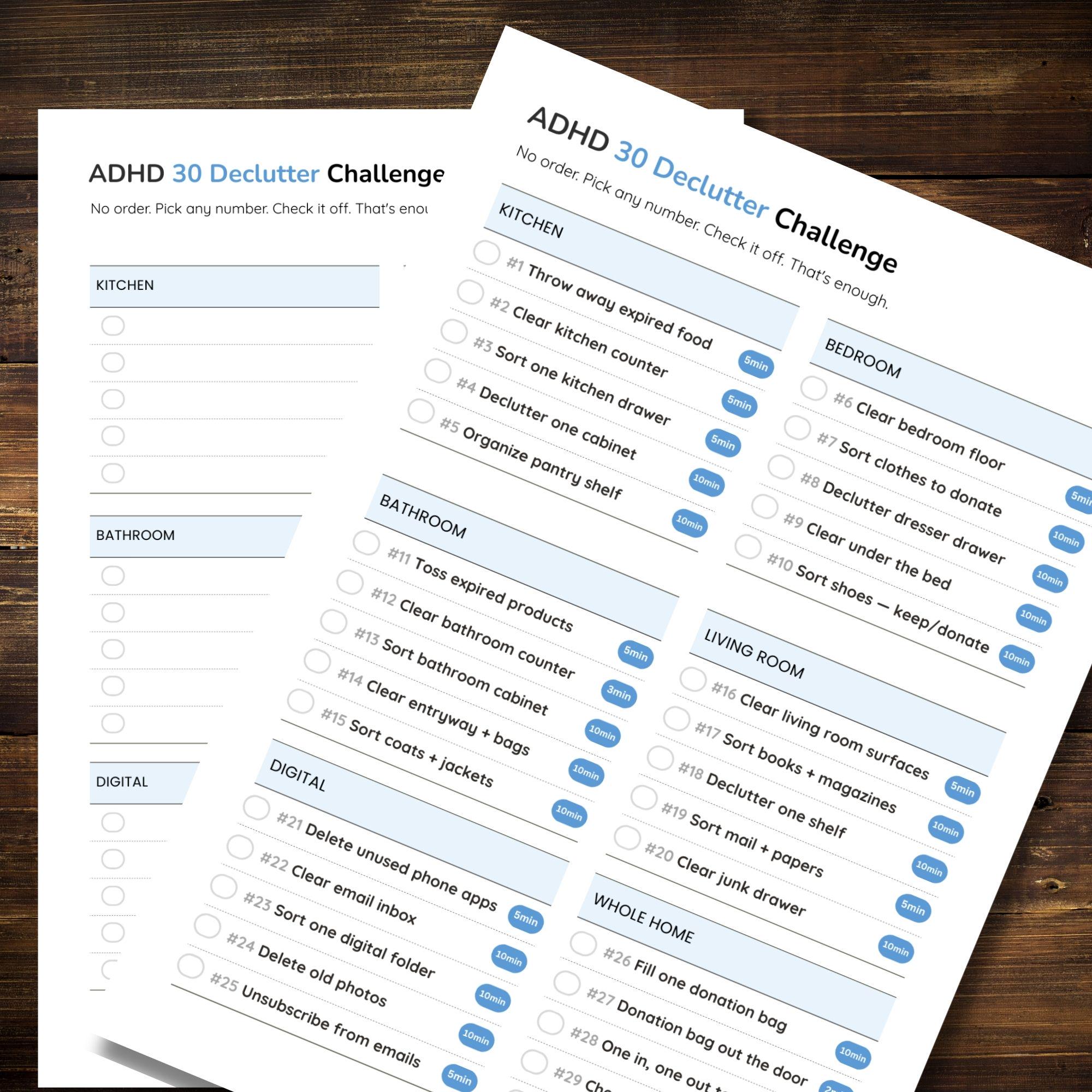 ADHD Declutter Checklist Printable for Adults, 30 Day Declutter ...