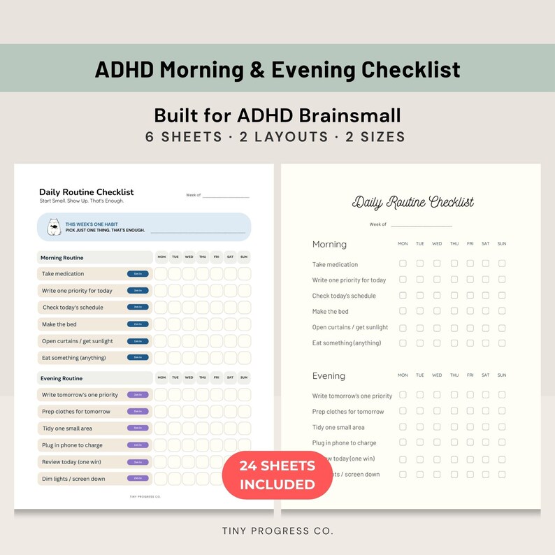 ADHD Morning Evening Checklist Printable Daily Routine Weekly Tracker ...