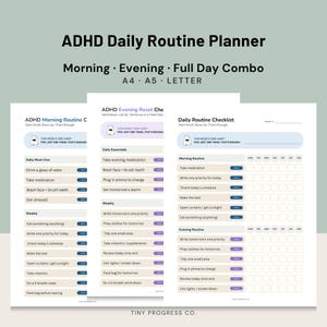 Op de afbeelding: ADHD Daily Routine Planner met ochtend-, avond- en Full Day Combo-opties. De planner bevat checklists voor dagelijkse taken, met secties voor ochtend- en avondroutines. De tekst bevat "Deze week één gewoonte: Kies slechts één ding, dat is genoeg."
