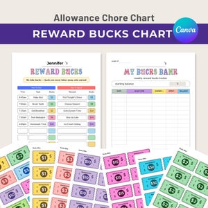 May include: A printable chore chart set featuring a Reward Bucks chart, a My Bucks Bank tracker, and sheets of colourful reward tickets in various denominations. The charts include columns for tasks, rewards, and financial tracking with text.