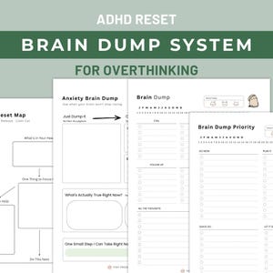 以下が含まれることがあります： 「ADHD RESET BRAIN DUMP SYSTEM FOR OVERTHINKING」のテキストが入った白い紙のテンプレートのコレクション。テンプレートには、ブレインダンプ、不安管理、優先順位設定のセクションが含まれています。デザインはミニマリストで、整理に重点を置いています。
