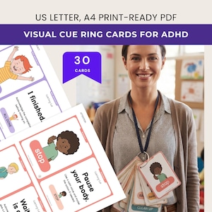 Może przedstawiać: Zestaw 30 wizualnych kart z sygnałami dla ADHD, dostępny jako gotowy do druku plik PDF w formatach US Letter i A4. Karty zawierają kolorowe ilustracje dzieci oraz teksty takie jak 'I finished', 'stop' i 'Pause your body'.