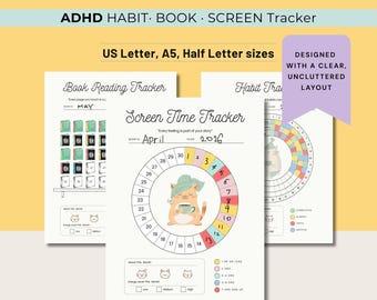 Conjunto de Rastreamento de TDAH – Hábitos, Tempo de Tela e Leitura (PDF A5, A4 e Carta, compatível com GoodNotes)