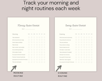 Pacote de Checklist Editável para Rotina Matinal e Noturna | Planilha de Rotina Diária para TDAH para Imprimir no Canva | Modelo Minimalista