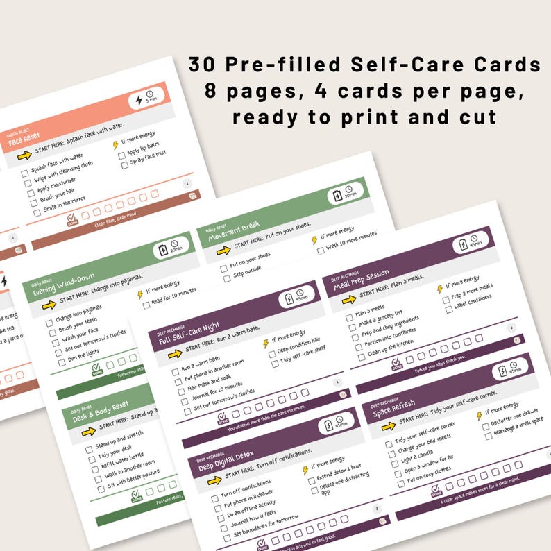 30 Pre-filled ADHD Self-Care Cards Printable PDF 8 Pages