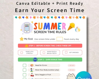 Regras para crianças sobre o tempo de tela no verão | Tabela de horários diários | Imprimível no Canva | Download instantâneo