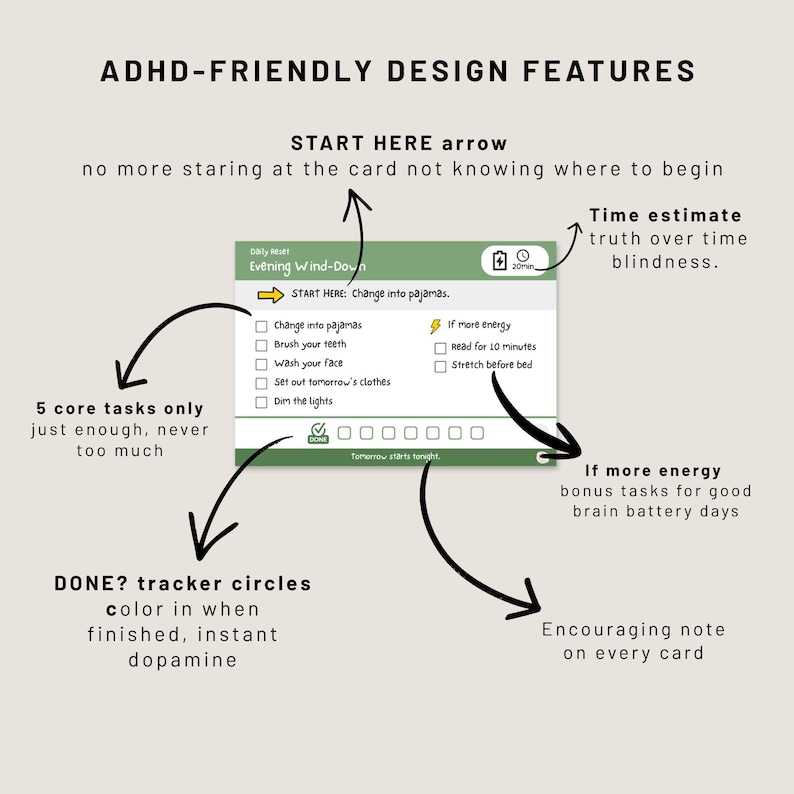 ADHD-Friendly Self-Care Card Design Features Start Here Bonus Task