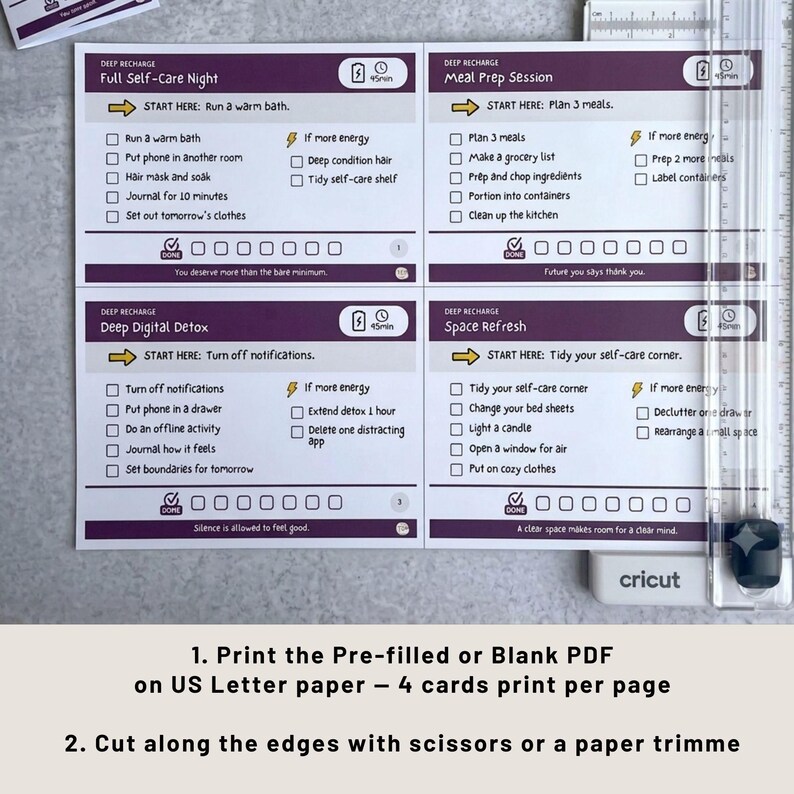 ADHD Self-Care Cards Print and Cut Instructions US Letter