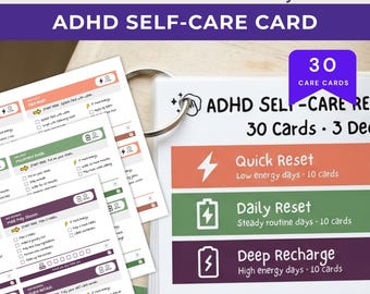 May include: A set of ADHD self-care cards on a metal ring, featuring 30 printable cards categorized into Quick Reset, Daily Reset, and Deep Recharge sections. The cards include checklists and icons for daily tasks, with text in English on a white background.