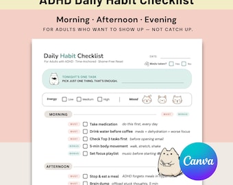 Lista de hábitos diários para TDAH: rotina matinal, vespertina e noturna. Download instantâneo.