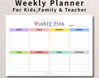 Planejador semanal imprimível para crianças, família, ensino domiciliar e professores - Download instantâneo