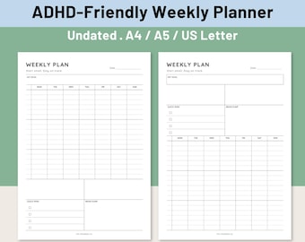 Planejador semanal para TDAH, imprimível, sem data, organizador (A4/A5/Carta)
