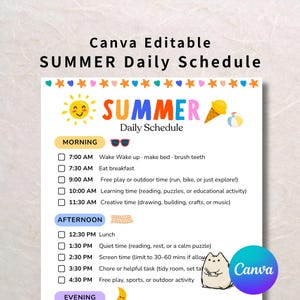 May include: A colorful summer daily schedule template with the text "SUMMER Daily Schedule". The schedule includes morning, afternoon, and evening activities. The Canva logo is in the bottom right corner.
