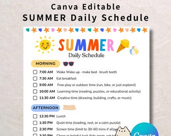 Modelo editável de cronograma diário de verão para crianças no Canva, lista de verificação de rotina para TDAH, download instantâneo para impressão.