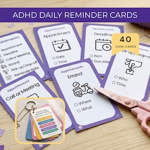 May include: A set of ADHD daily reminder cards with purple borders, featuring icons and text for appointments, deadlines, and errands. A yellow tag indicates 40 care cards. A small inset shows a ring of colorful cards with a metal keychain.