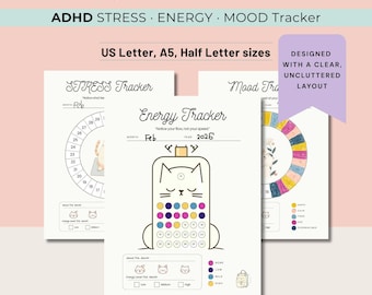 Conjunto de Rastreamento de TDAH – Diário Imprimível para Estresse, Humor e Energia (Planejador de Bem-Estar em PDF, Compatível com GoodNotes)
