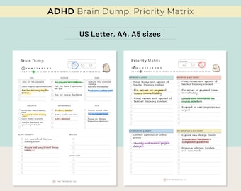 Planilha imprimível para organizar seus pensamentos sobre TDAH, página de planejamento com matriz de prioridades (PDF nos formatos A4, A5 e Carta dos EUA)