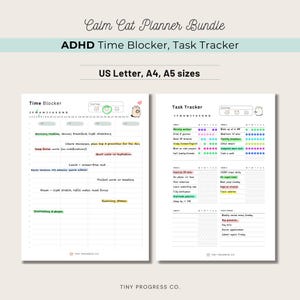 Può includere: Un pacchetto di pianificatori con il testo "Calm Cat Planner Bundle" e "ADHD Time Blocker, Task Tracker". Le pagine includono un blocco temporale e un tracker delle attività con sezioni per le routine quotidiane, le attività e le note. Disponibile nei formati US Letter, A4 e A5.